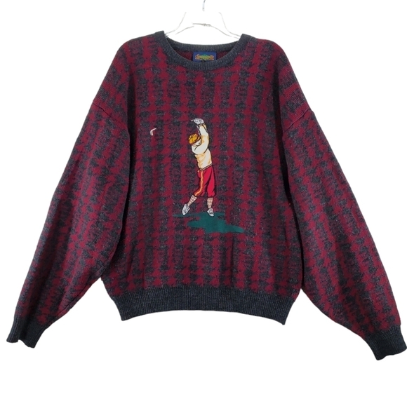 Vtg Golf Motif Knit Sweater Mens XL Maroon Red Gray Embroidered Crewneck L/S - Picture 10 of 11